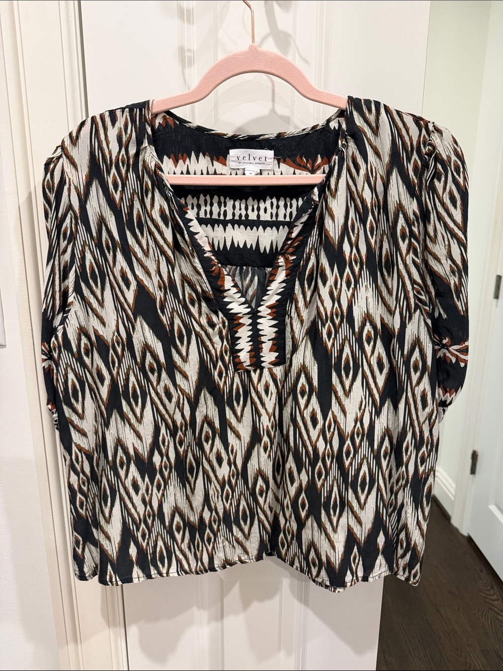 Velvet by Graham & Spencer Black White and Brown Ikat V-Neck Tunic